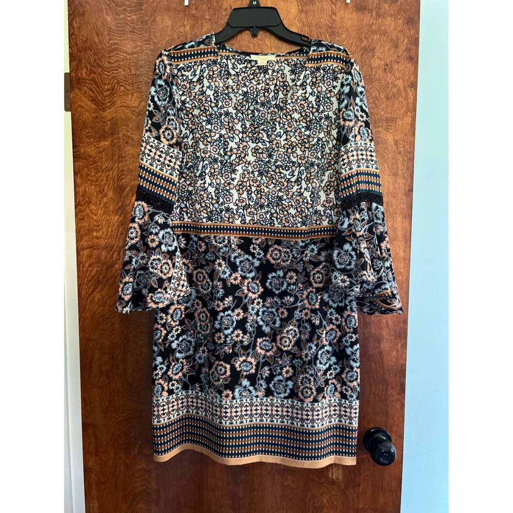 Prelude Floral Shift Dress Womens Medium Navy Blue Like New Bell Sleeve Boho